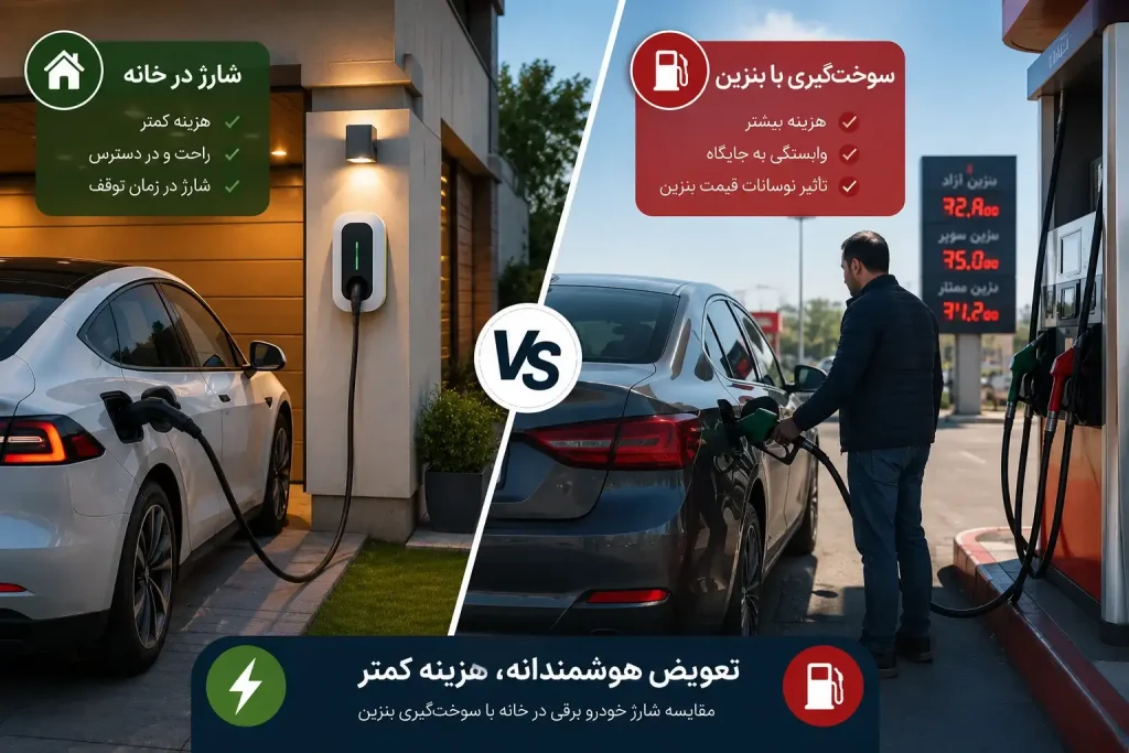 مقایسه شارژ خانگی خودرو برقی با سوخت‌گیری بنزین