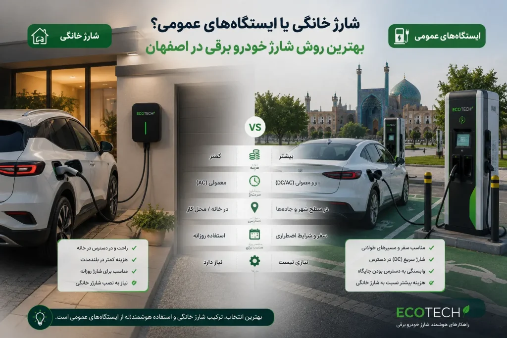 مقایسه شارژ خانگی و ایستگاه‌های شارژ خودرو برقی در اصفهان