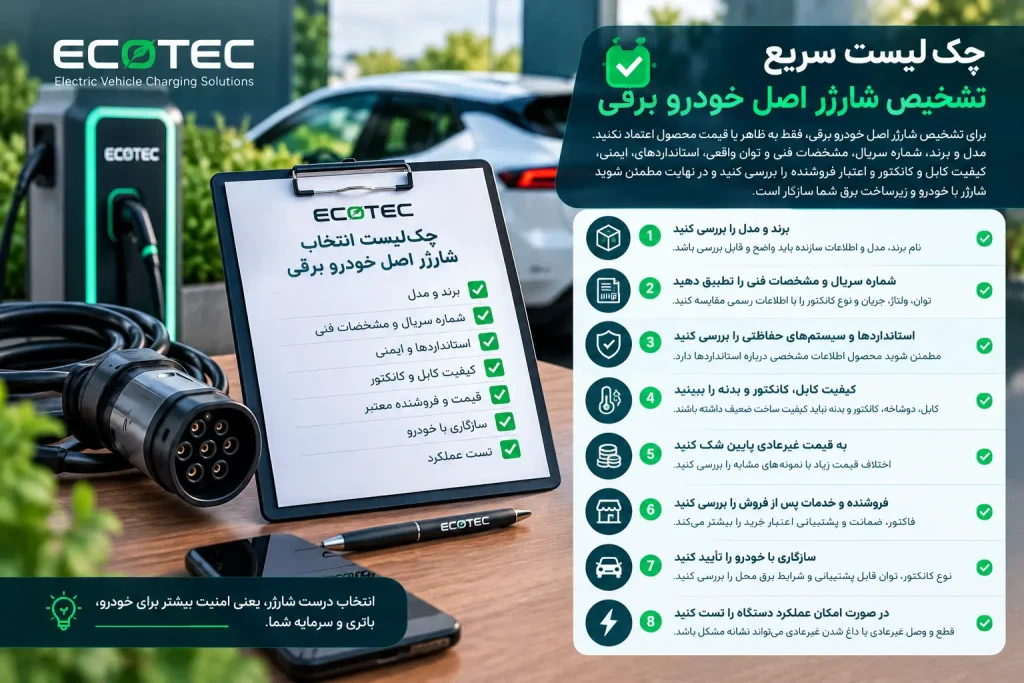 چک لیست تشخیص شارژر اصل خودرو برقی