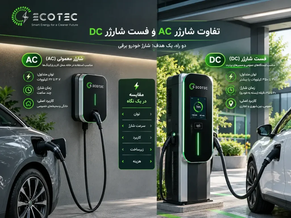مقایسه شارژر معمولی AC و فست شارژر DC خودرو برقی