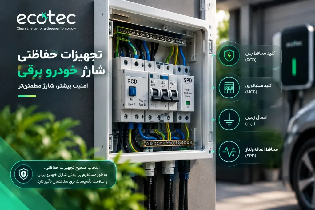 تجهیزات حفاظتی مدار شارژر خودرو برقی شامل کلید محافظ جان و کلید مینیاتوری